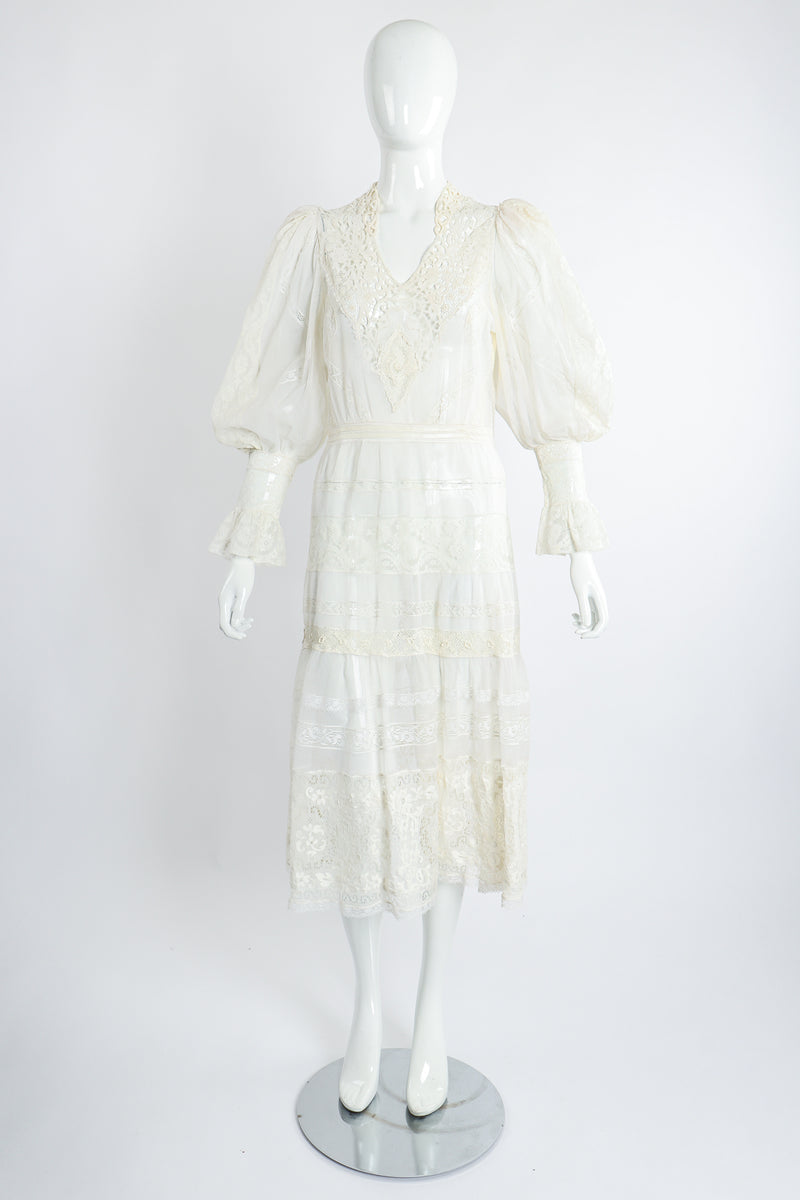 Vintage 1930s Sheer Lace Balloon Sleeve Wedding Bridal Dress on Mannequin Front at Recess LA