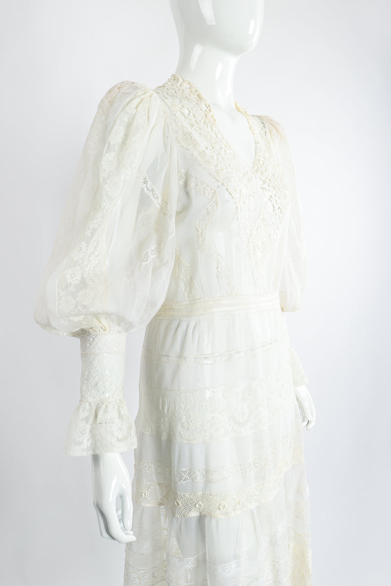 Vintage 1930s Sheer Lace Balloon Sleeve Dress Wedding Bridal on Mannequin Front Crop at Recess LA