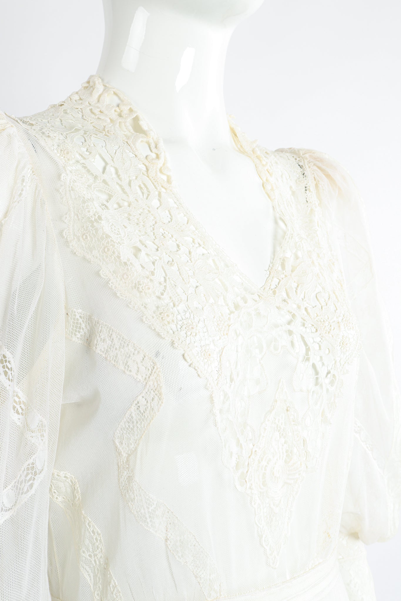 Vintage 1930s Sheer Lace Balloon Sleeve Dress Wedding on Mannequin Neckline at Recess LA