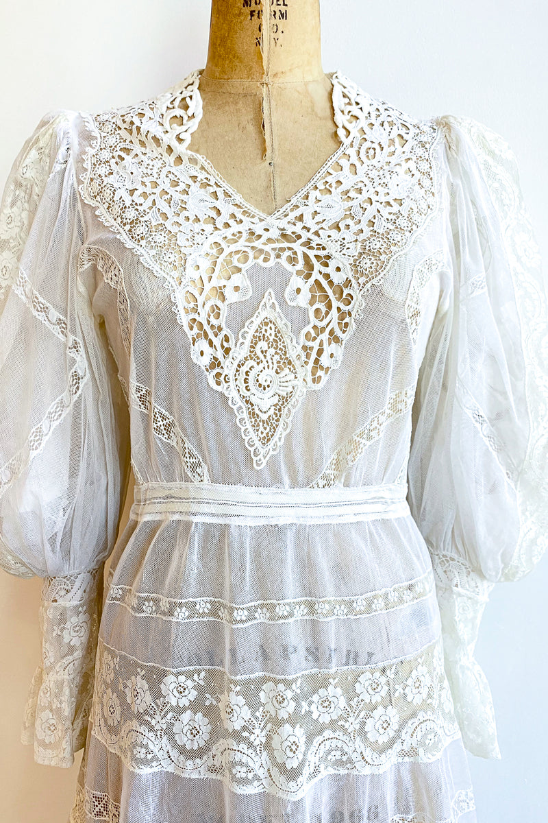 Vintage 1930s Sheer Lace Balloon Sleeve Dress Wedding Bridal on Dressform Front Crop at Recess LA