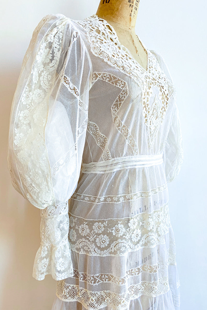 Vintage 1930s Sheer Lace Balloon Sleeve Dress Wedding Bridal on Dressform Angle Crop at Recess LA