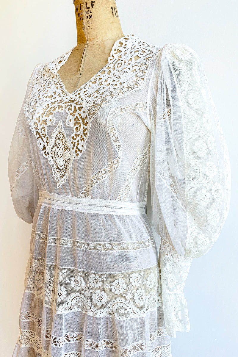 Vintage 1930s Sheer Lace Balloon Sleeve Dress Wedding Bridal on Dressform Angle Crop at Recess LA