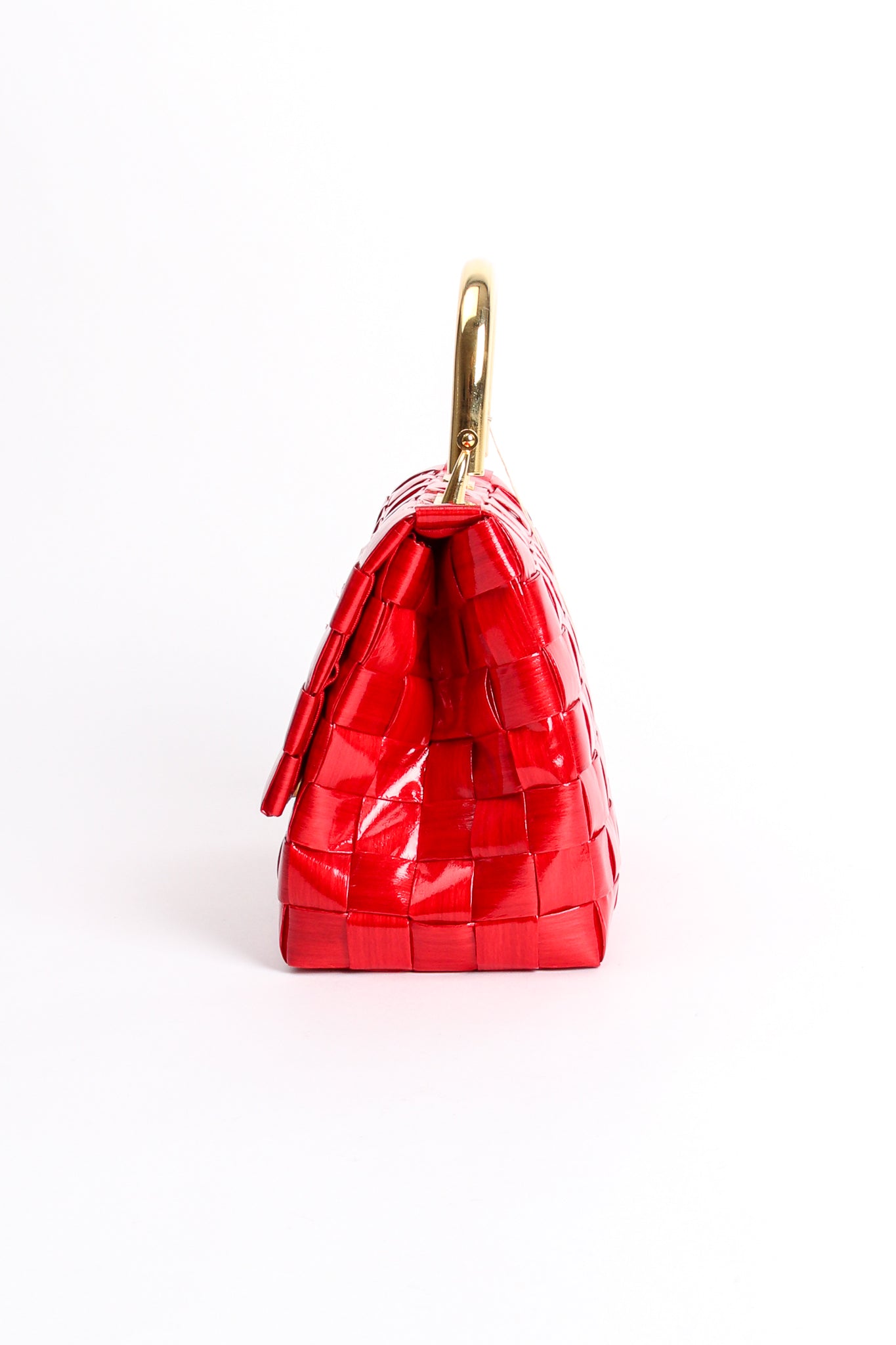 Vintage Lipstick Red Coated Raffia Woven Flap Bag side at Recess Los Angeles