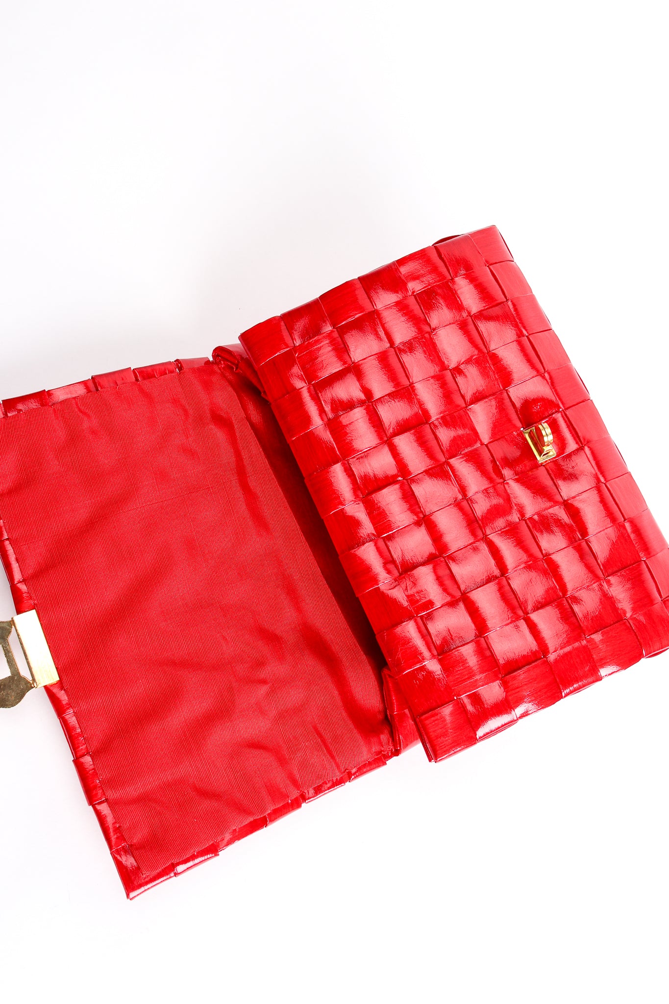 Vintage Lipstick Red Coated Raffia Woven Flap Bag flap under at Recess Los Angeles