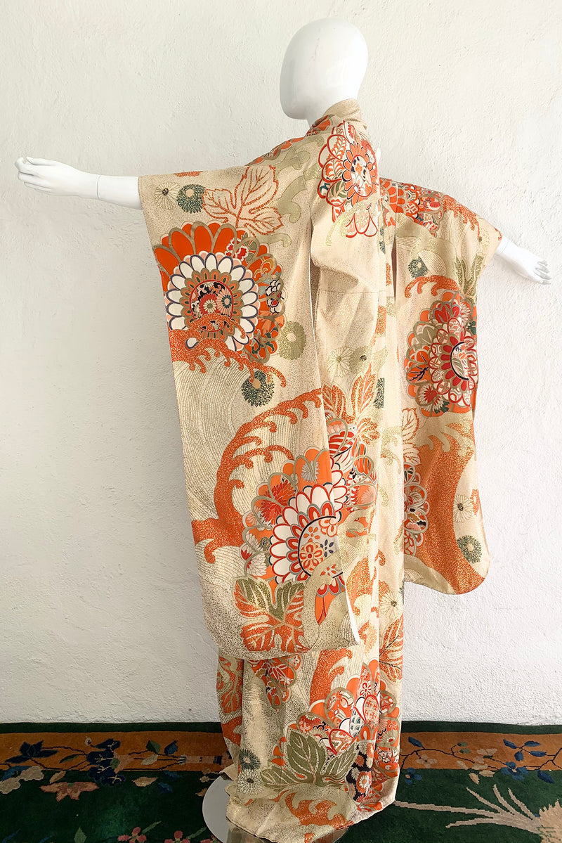 Vintage Japanese Golden Floral Wave furisode Kimono on Mannequin side at Recess Los Angeles