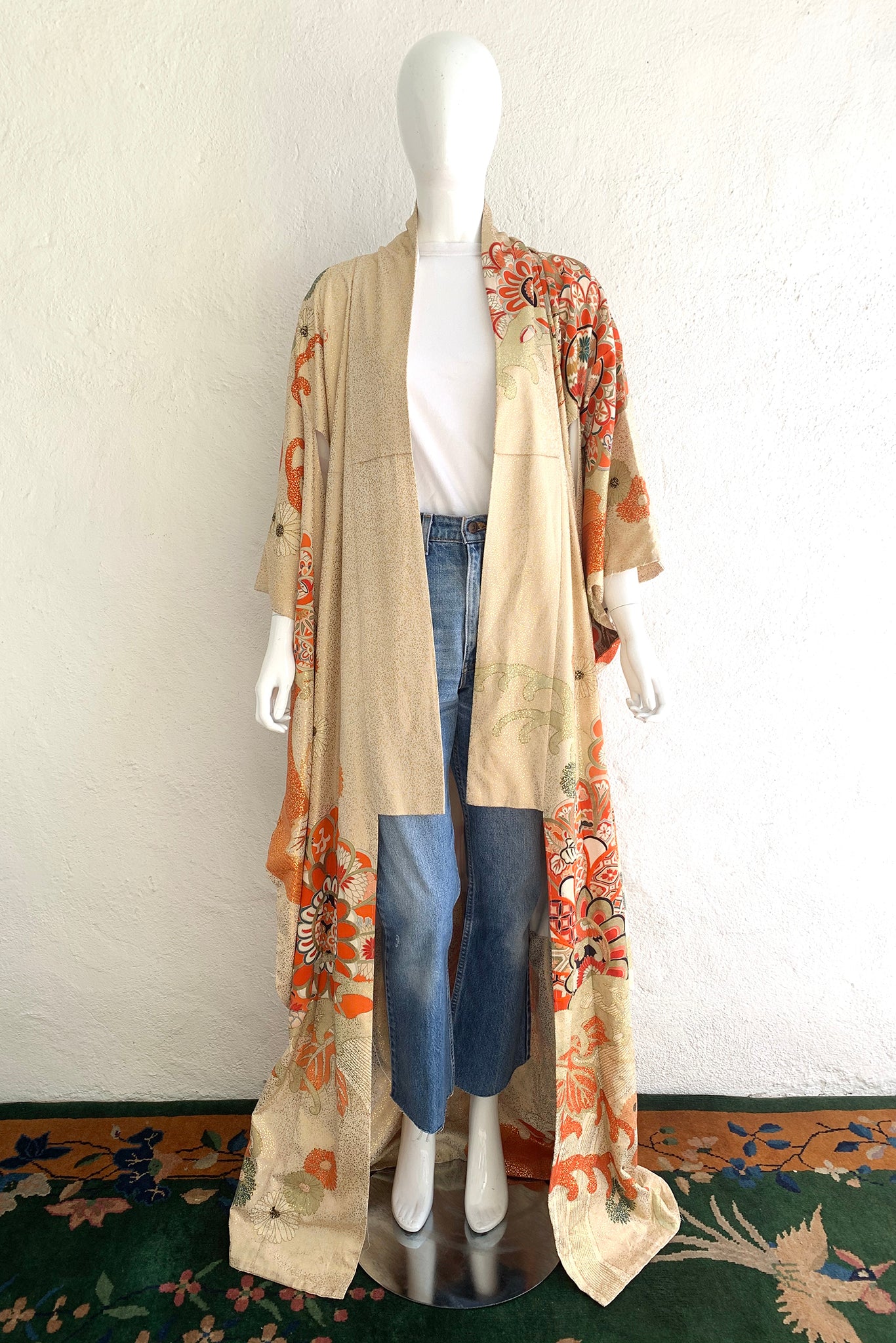 Vintage Japanese Golden Floral Wave Kimono on Mannequin front at Recess Los Angeles