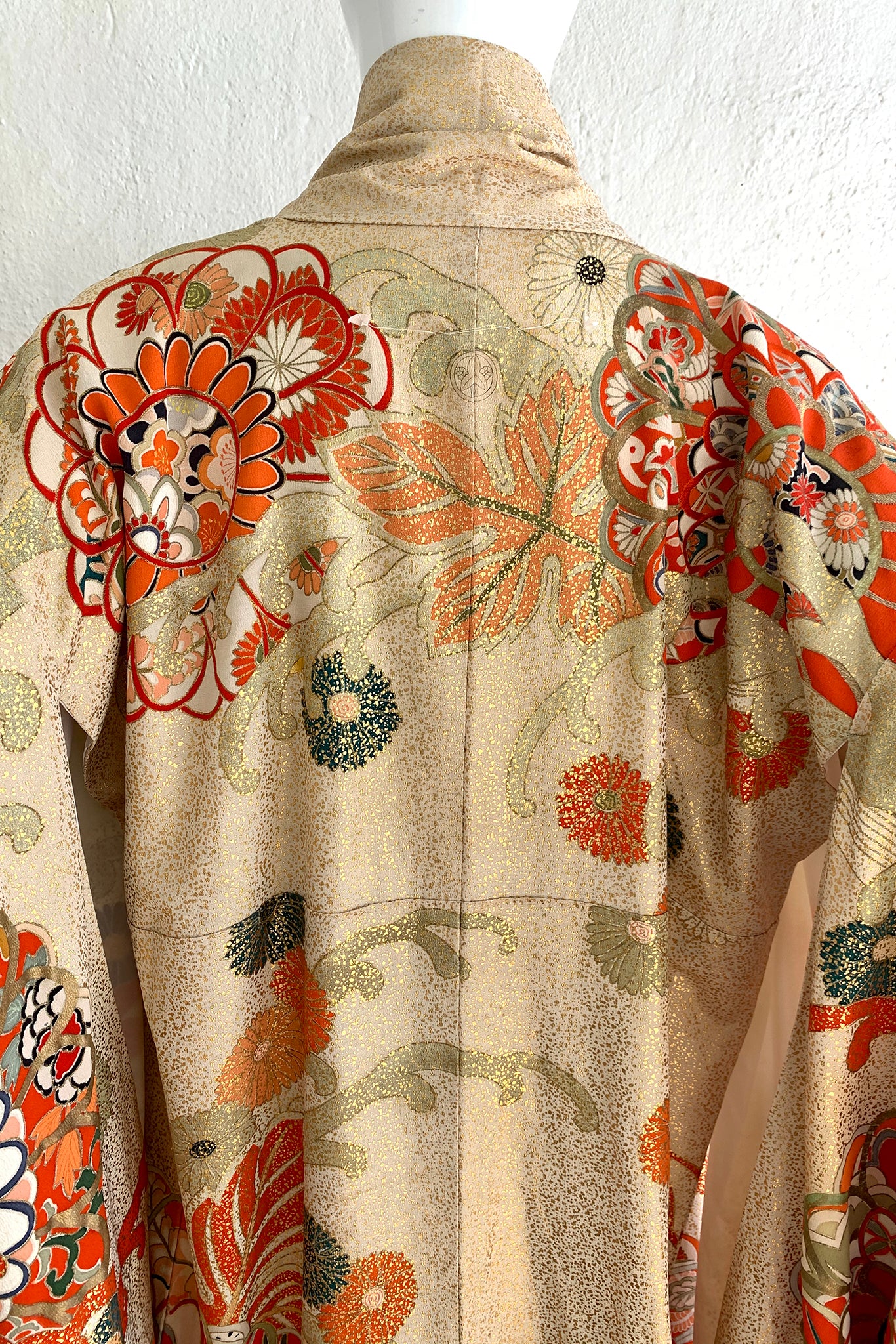 Vintage Japanese Golden Floral Wave Kimono on Mannequin back yoke at Recess Los Angeles