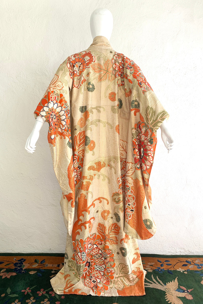 Vintage Japanese Golden Floral Wave Kimono on Mannequin back at Recess Los Angeles