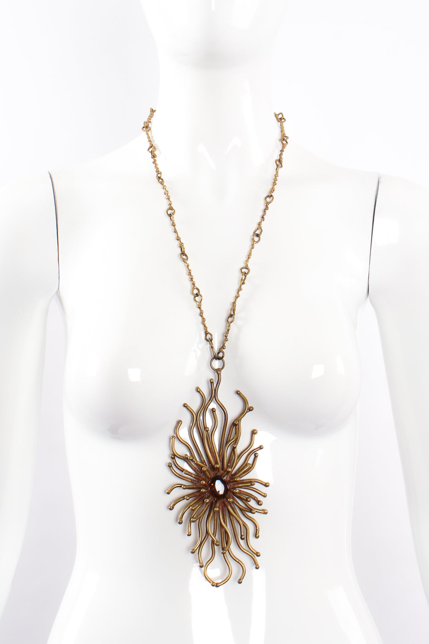 Vintage Unsigned Pal Kepenyes Brutalist Sunburst Pendant Necklace on mannequin at Recess Los Angeles