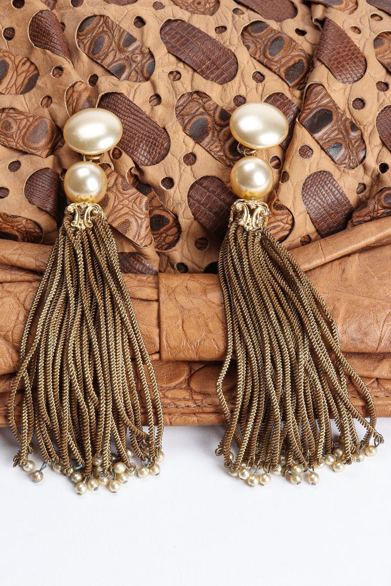 Vintage Pearl Chain Tassel Earrings on leather at Recess Los Angeles