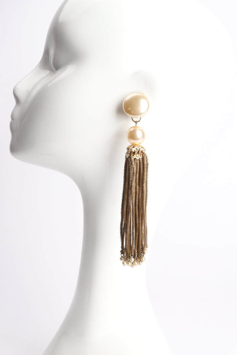 Vintage Pearl Chain Tassel Earrings on Mannequin at Recess Los Angeles