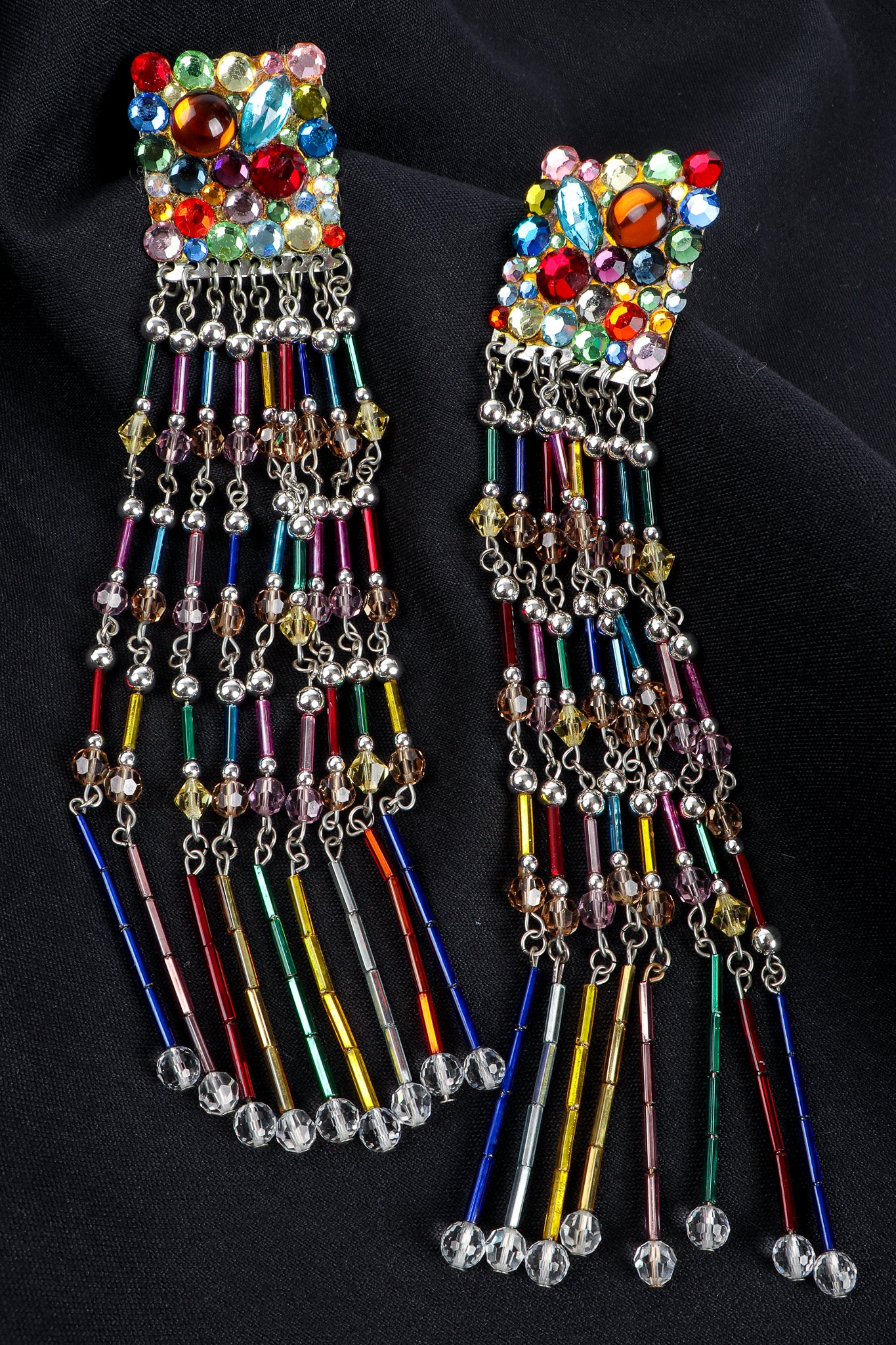 Vintage Rainbow Confetti Glass Bead Fringe Earrings on black at Recess Los Angeles