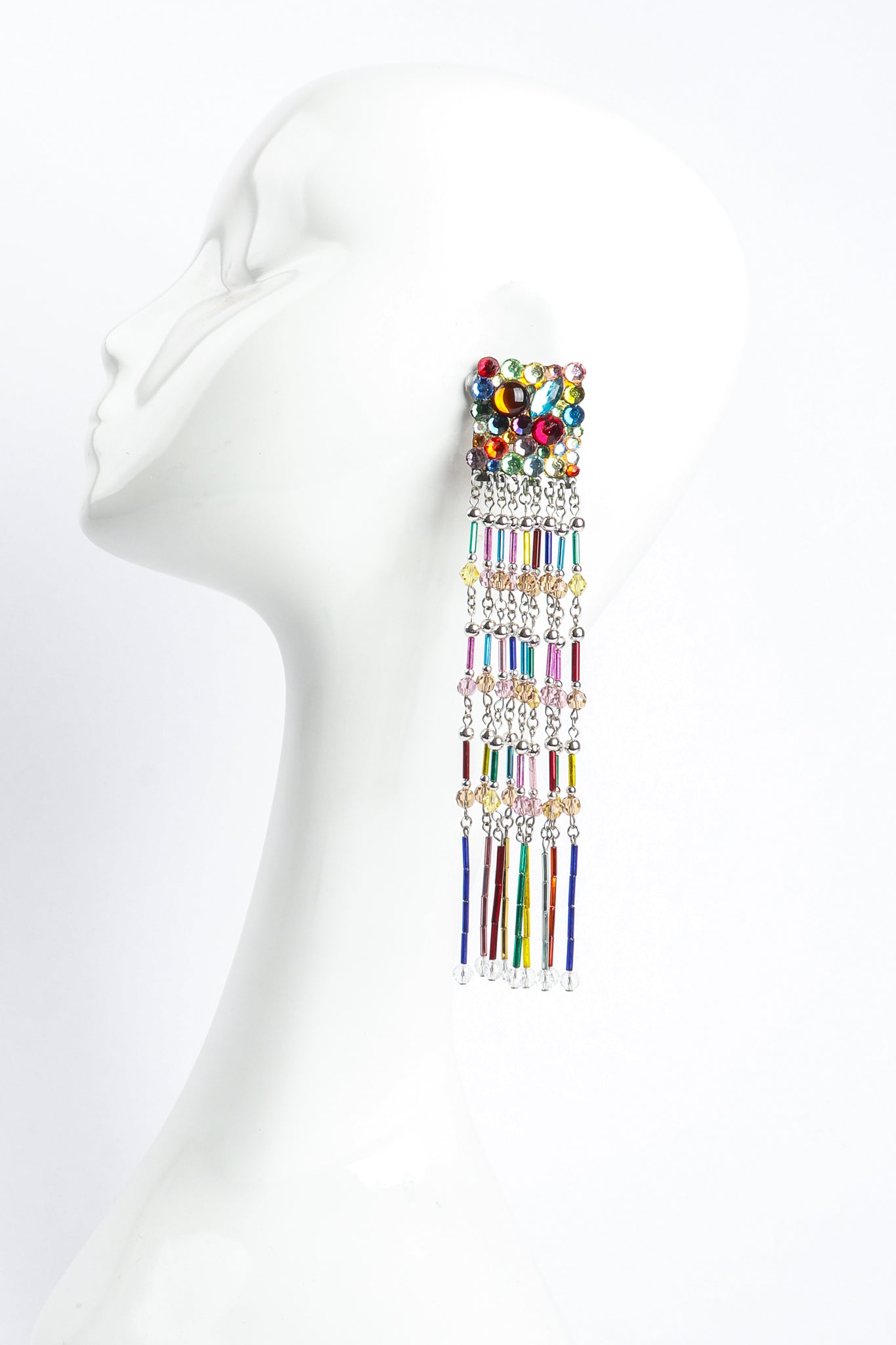 Vintage Rainbow Confetti Glass Bead Fringe Earrings on Mannequin at Recess Los Angeles