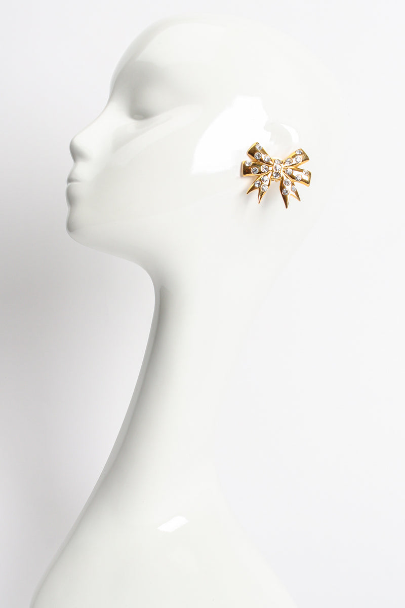 Vintage Unsigned William de Lillo Rhinestone Bow Earrings on mannequin at Recess Los Angeles