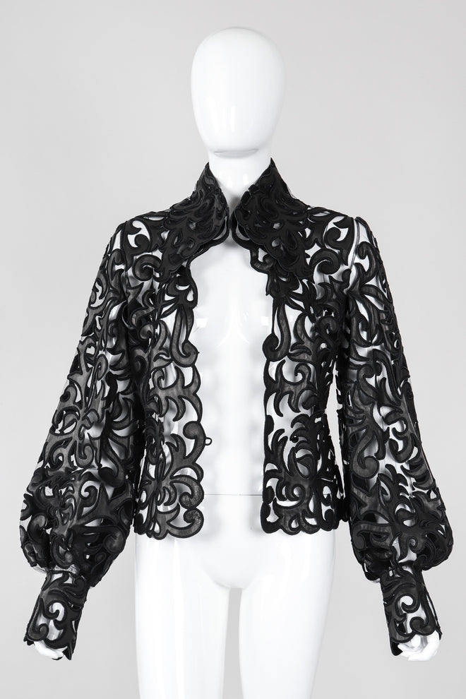 Recess Los Angeles Vintage Sheer Leather Appliqué Mesh Balloon Sleeve Blouse