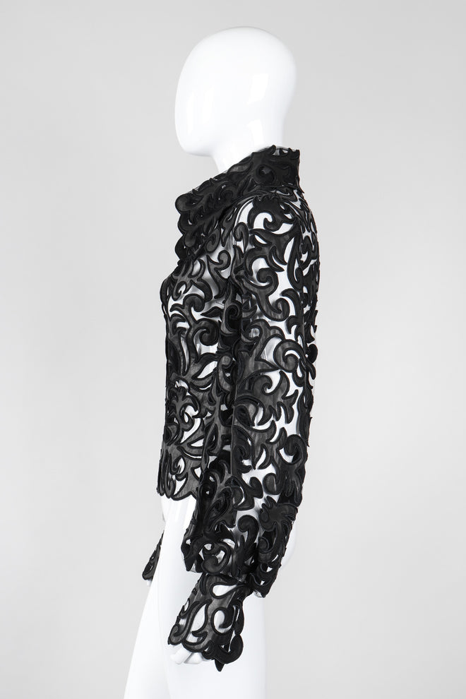 Recess Los Angeles Vintage Sheer Leather Appliqué Mesh Balloon Sleeve Blouse