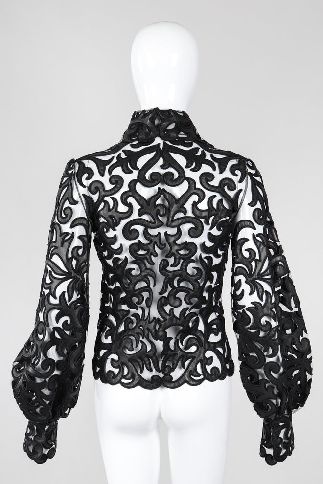 Recess Los Angeles Vintage Sheer Leather Appliqué Mesh Balloon Sleeve Blouse