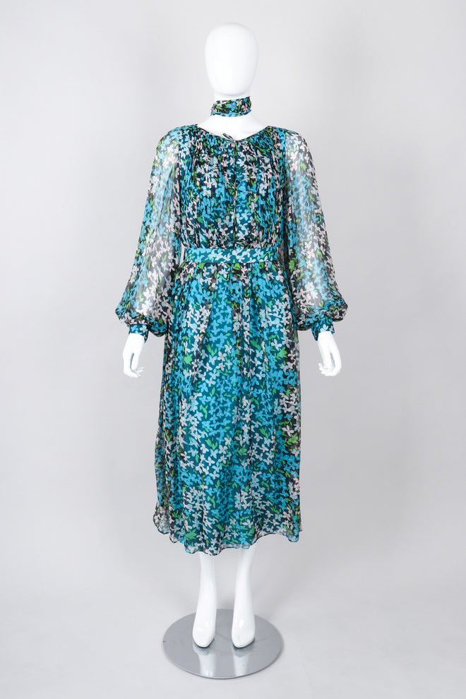 Recess Los Angeles Vintage No Label Silk Chiffron Dress Floral Teal