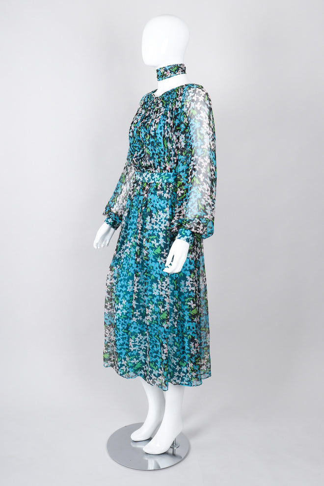 Recess Los Angeles Vintage No Label Silk Chiffron Dress Floral Teal