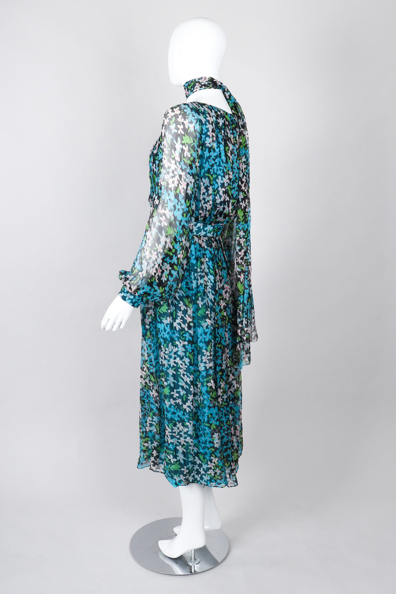 Recess Los Angeles Vintage No Label Silk Chiffron Dress Floral Teal