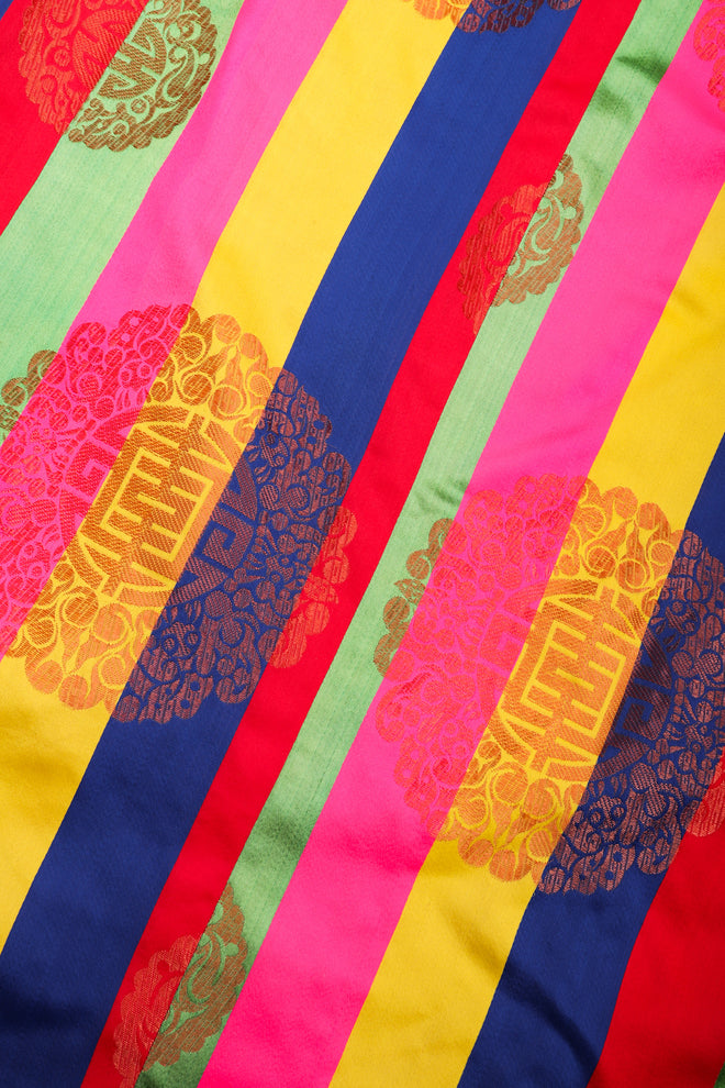 Vintage No Label Multicolor Rainbow Striped Mandarin Collar Frog Closures Embossed Asian Print
