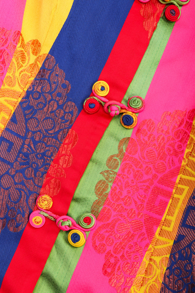 Vintage No Label Multicolor Rainbow Striped Mandarin Collar Frog Closures Embossed Asian Print