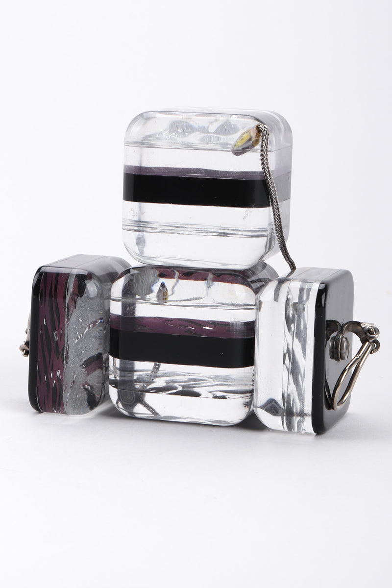 Recess Los Angeles Vintage Marbleized Lucite Cube Drop Purple Silver Earrings Inner Painted Thin Silver Chain