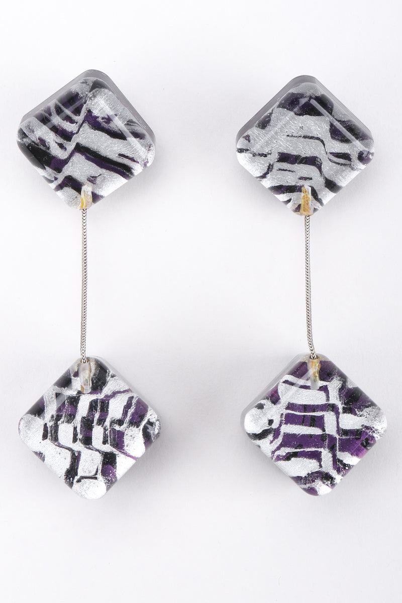 Recess Los Angeles Vintage Marbleized Lucite Cube Drop Purple Silver Earrings Inner Painted Thin Silver Chain