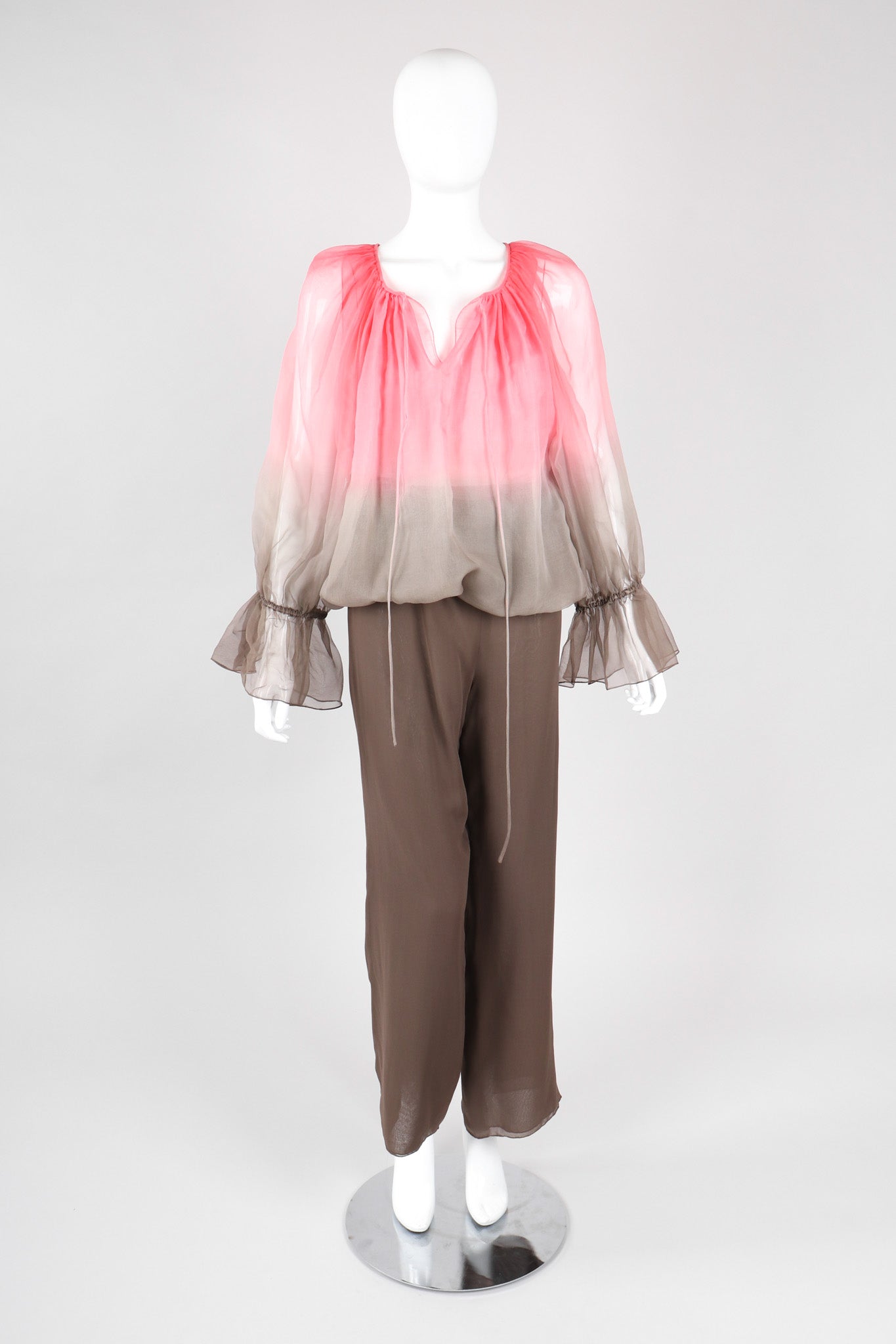 Recess Los Angeles Vintage Unlabeled Bill Blass Neapolitan Silk Chiffon Blouse and Pant Set