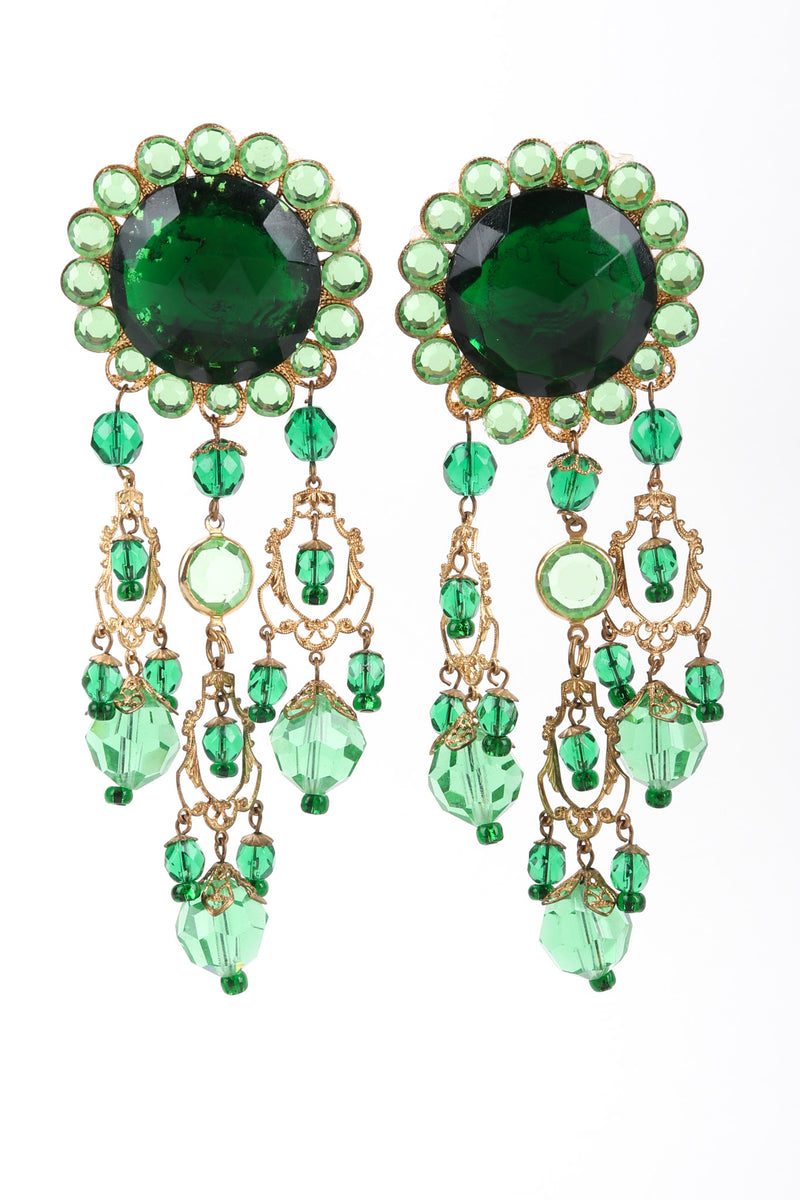 Recess Los Angeles Vintage Unsigned Green Envy Crystal Gem Filigree Chandelier Earrings