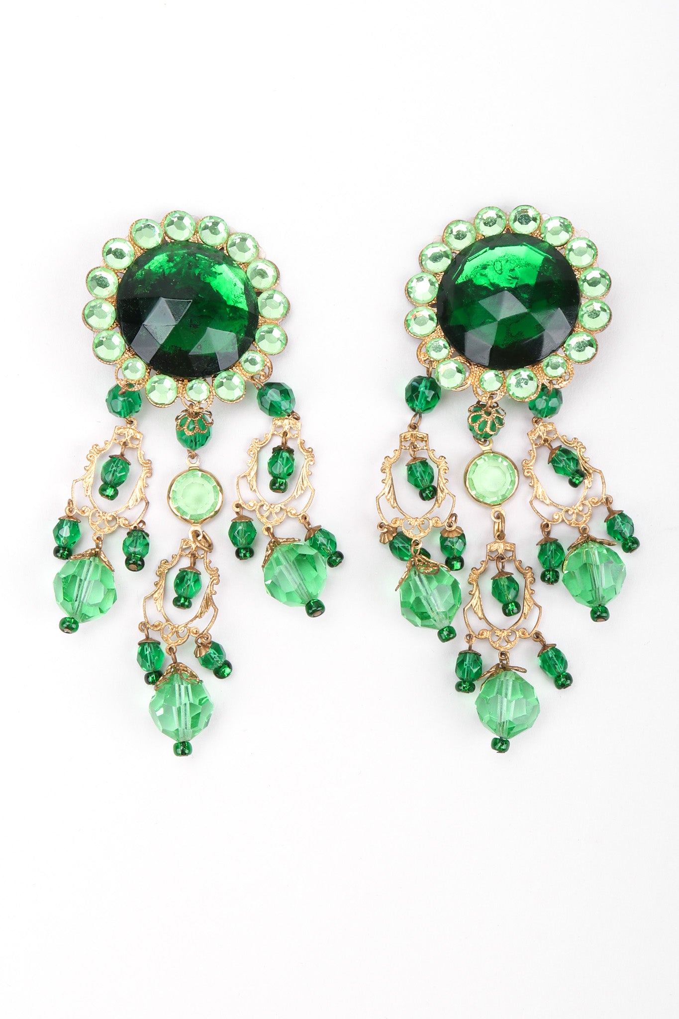 Recess Los Angeles Vintage Unsigned Green Envy Crystal Gem Filigree Chandelier Earrings