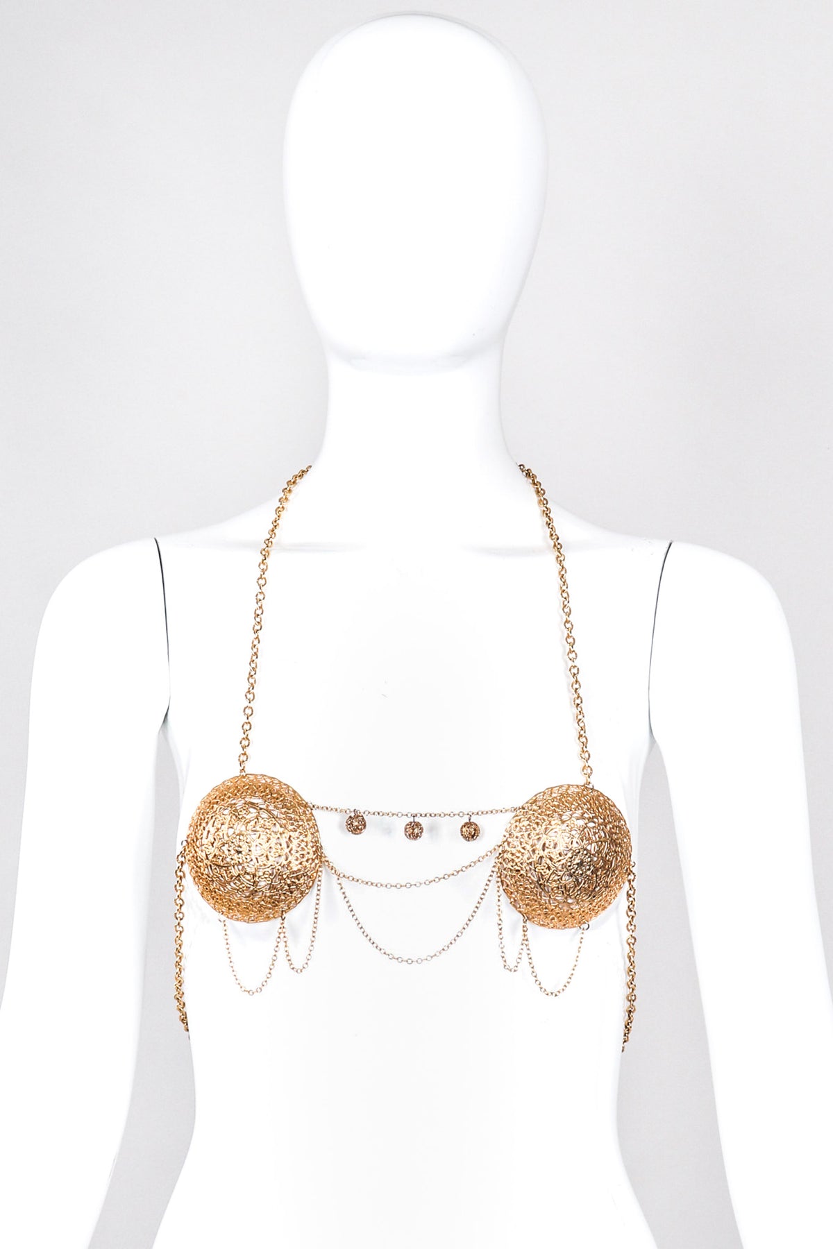 Vintage Vintage Metal Gold Cup Chain Bra Prism Floral Design Recess