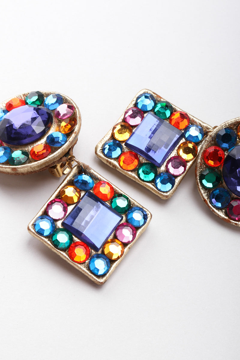 Recess Los Angeles Vintage Unsigned Rainbow Crystal Leather Lamé Drop Earrings