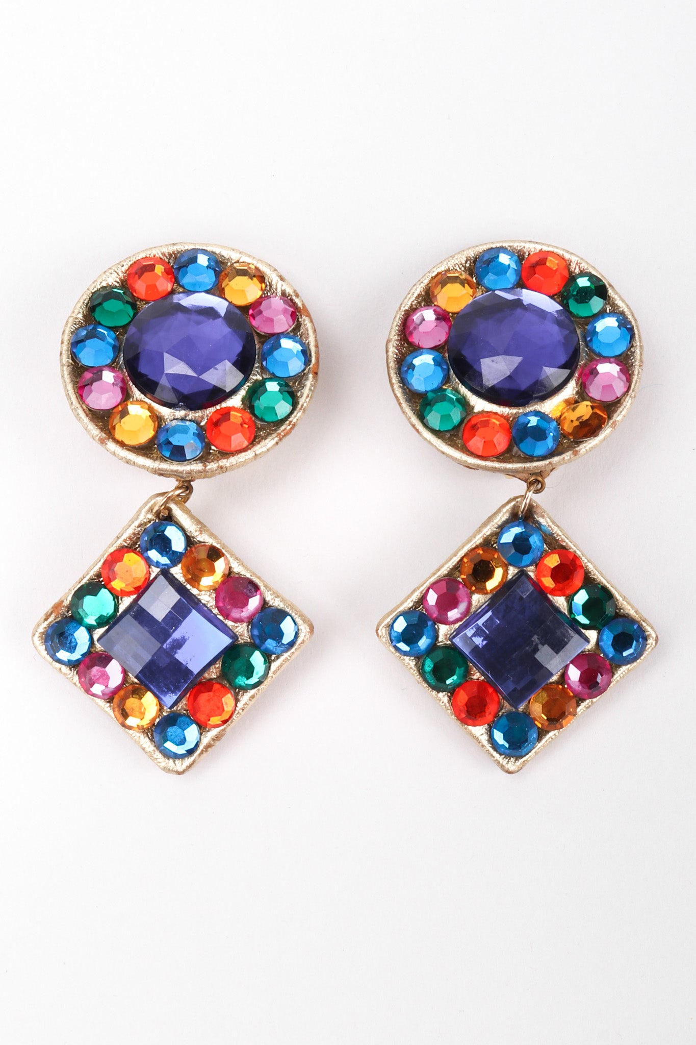 Recess Los Angeles Vintage Unsigned Rainbow Crystal Leather Lamé Drop Earrings