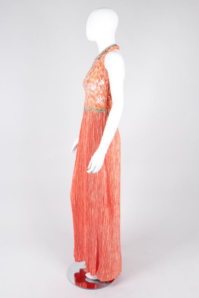 Recess Los Angeles Vintage Mary McFadden Beaded Sequined Phoenix Feather Halter Gown