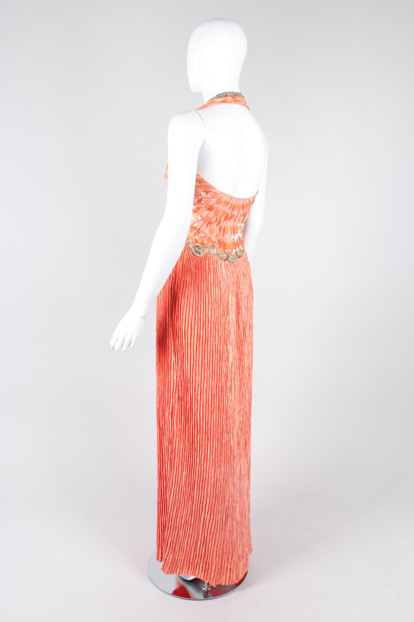 Recess Los Angeles Vintage Mary McFadden Beaded Sequined Phoenix Feather Halter Gown