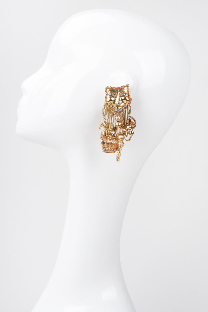 Recess Los Angeles Vintage Masks Charms Dangle Earrings Comedy Tragedy Chain Trim Jesters Coins Rhinestones Beads
