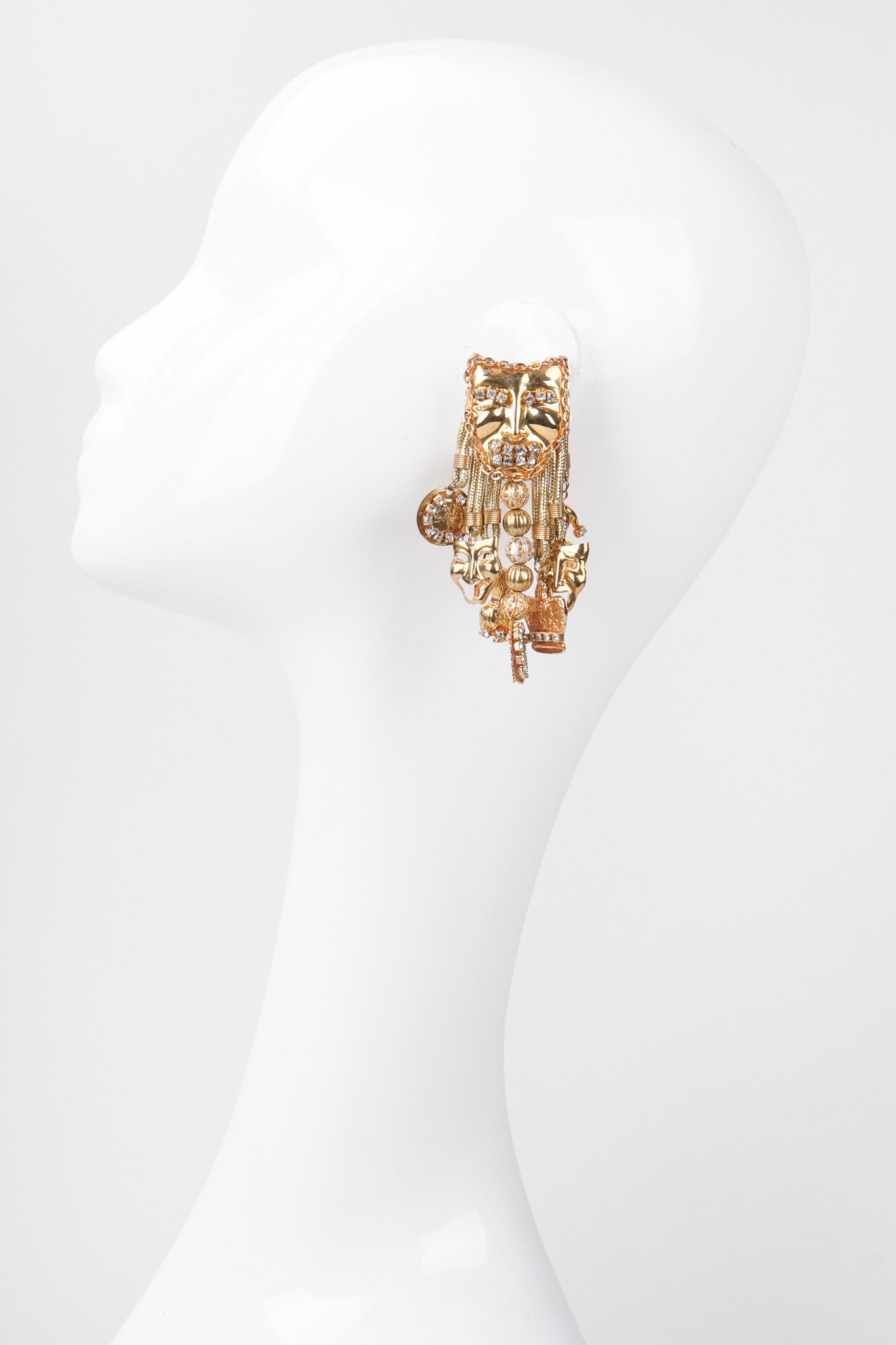 Recess Los Angeles Vintage Masks Charms Dangle Earrings Comedy Tragedy Chain Trim Jesters Coins Rhinestones Beads