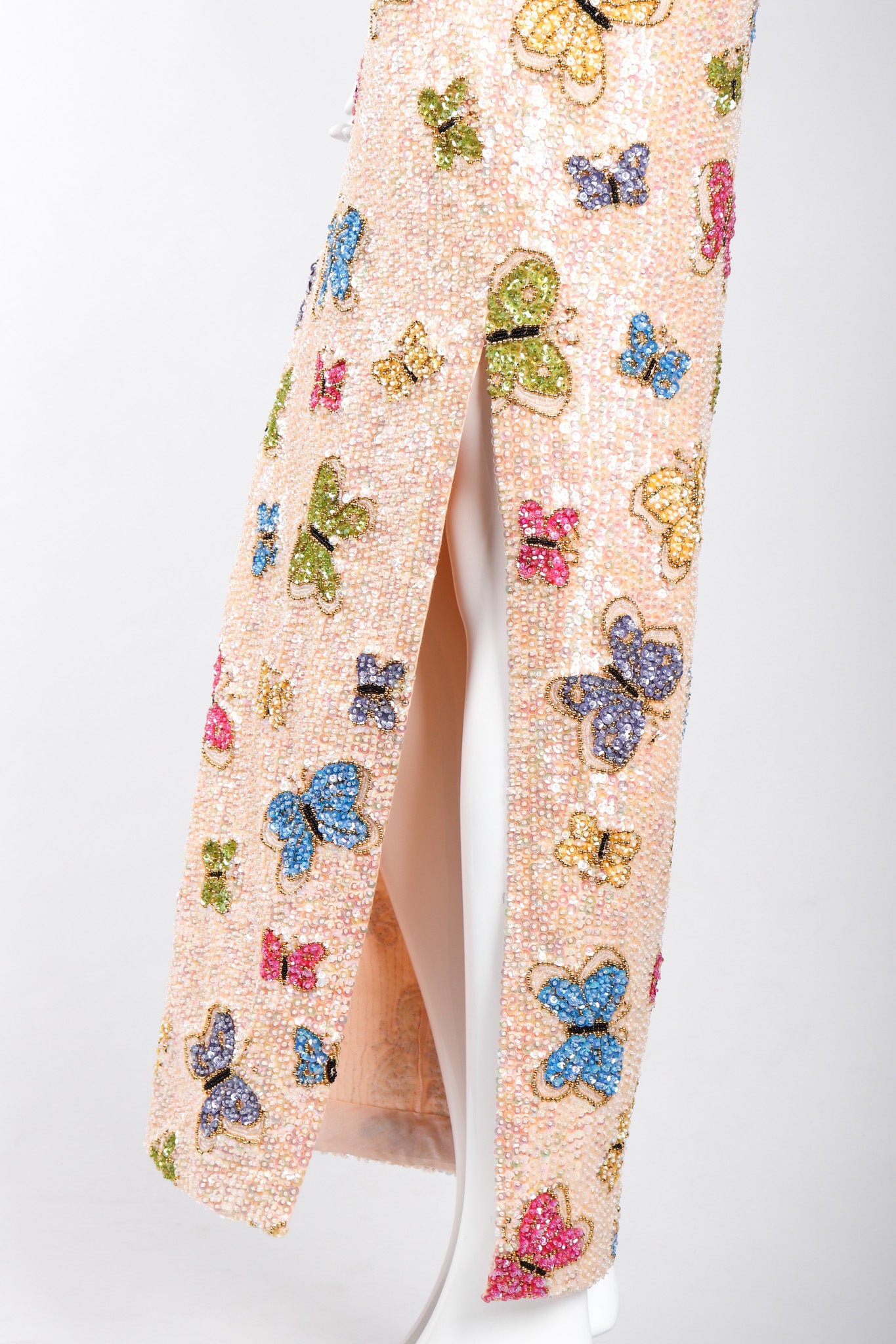 Recess Los Angeles Vintage Butterfly Sequins Halter Long Pink Beige Dress Iridescent Beads Multicolor 