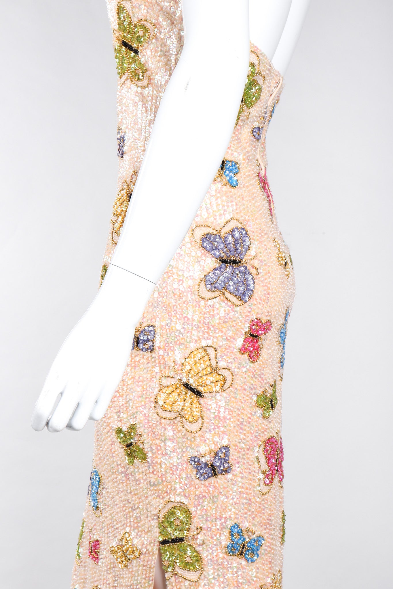 Recess Los Angeles Vintage Butterfly Sequins Halter Long Pink Beige Dress Iridescent Beads Multicolor 