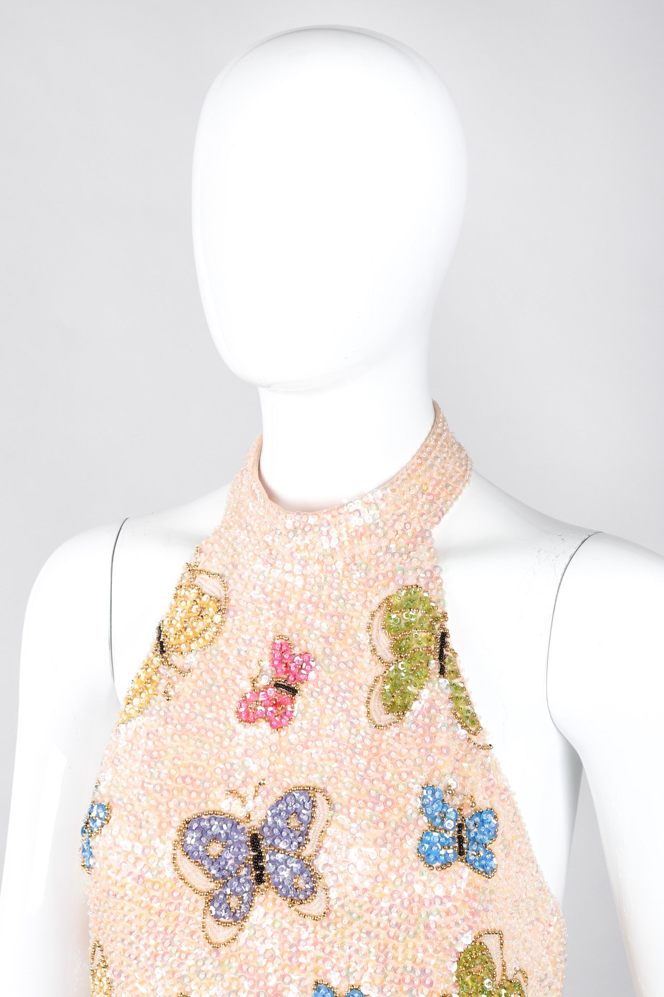Recess Los Angeles Vintage Butterfly Sequins Halter Long Pink Beige Dress Iridescent Beads Multicolor 