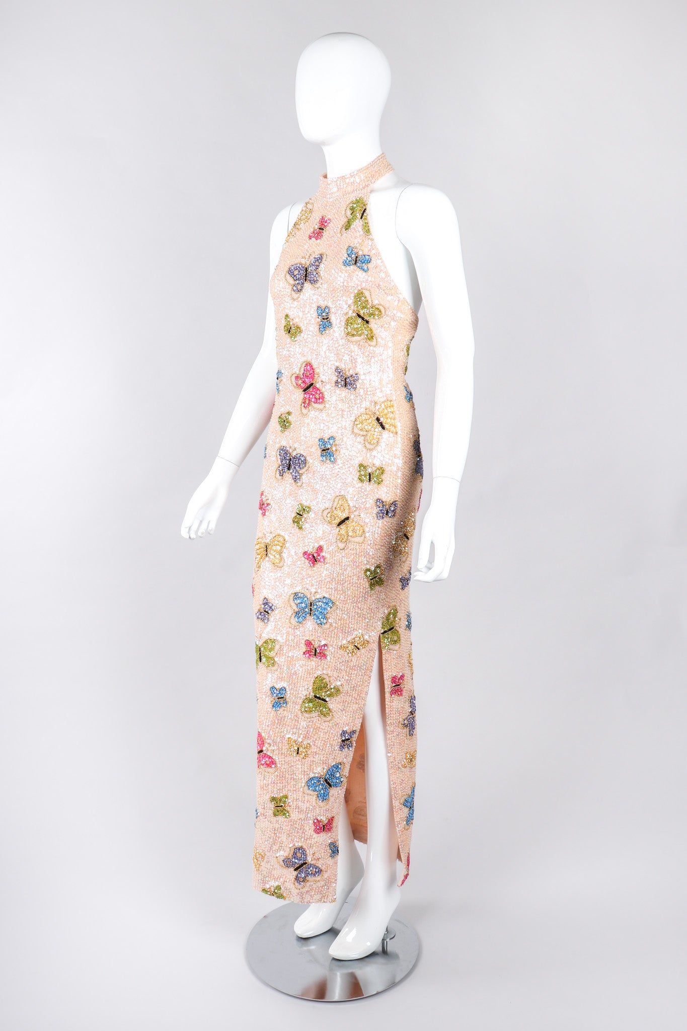 Recess Los Angeles Vintage Butterfly Sequins Halter Long Pink Beige Dress Iridescent Beads Multicolor 