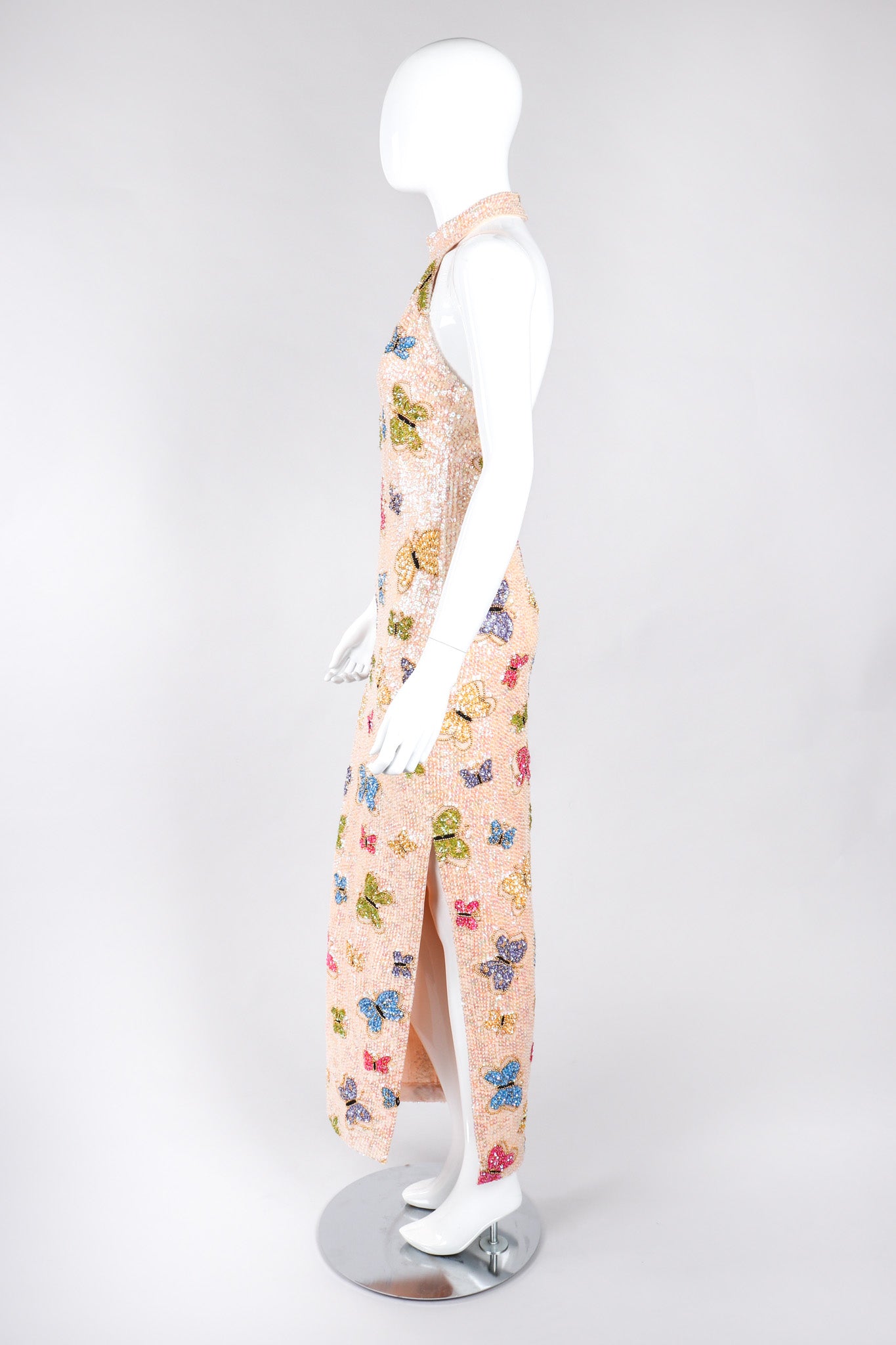 Recess Los Angeles Vintage Butterfly Sequins Halter Long Pink Beige Dress Iridescent Beads Multicolor 