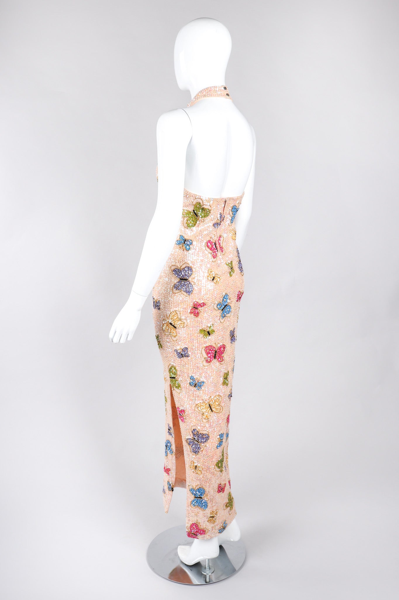 Recess Los Angeles Vintage Butterfly Sequins Halter Long Pink Beige Dress Iridescent Beads Multicolor 