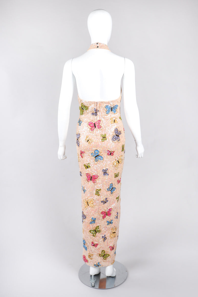 Recess Los Angeles Vintage Butterfly Sequins Halter Long Pink Beige Dress Iridescent Beads Multicolor 