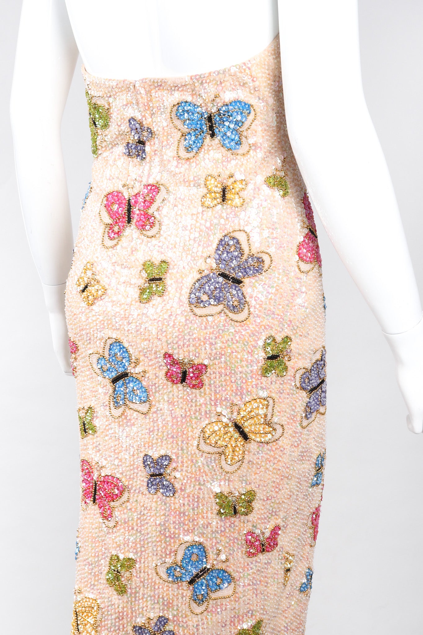 Recess Los Angeles Vintage Butterfly Sequins Halter Long Pink Beige Dress Iridescent Beads Multicolor 