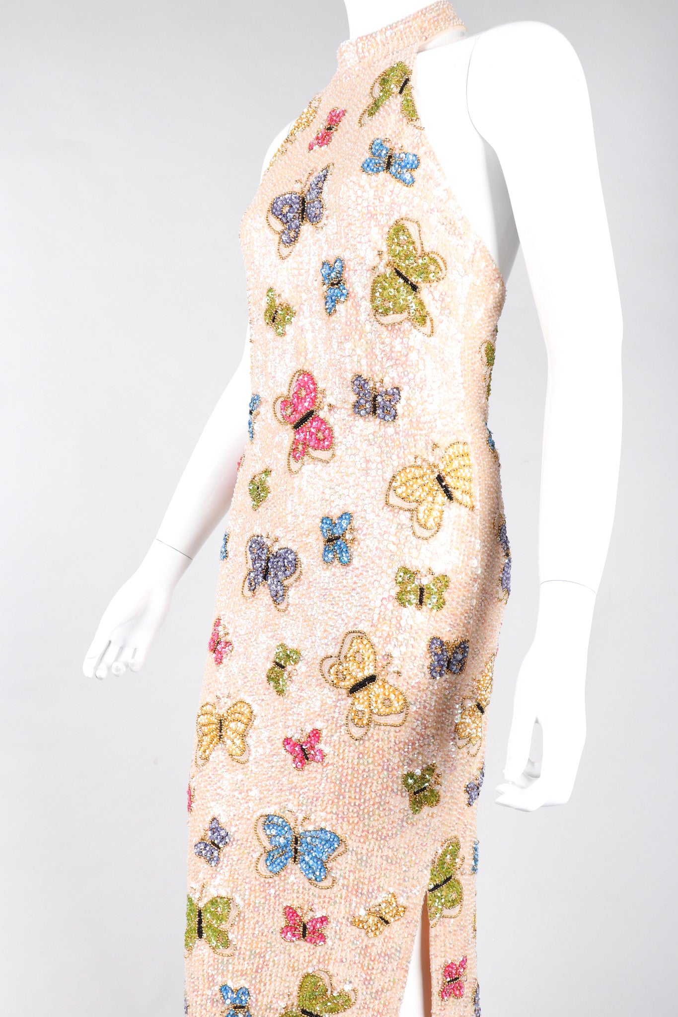 Recess Los Angeles Vintage Butterfly Sequins Halter Long Pink Beige Dress Iridescent Beads Multicolor 