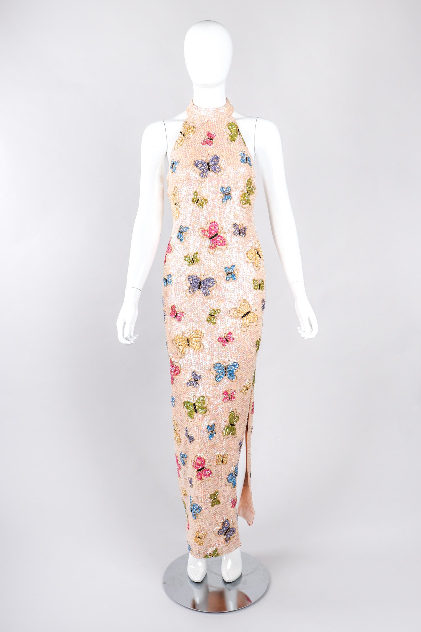 Recess Los Angeles Vintage Butterfly Sequins Halter Long Pink Beige Dress Iridescent Beads Multicolor 