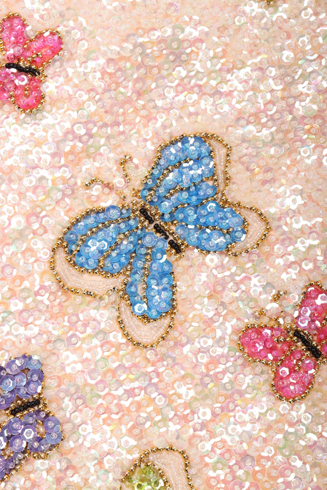 Recess Los Angeles Vintage Butterfly Sequins Halter Long Pink Beige Dress Iridescent Beads Multicolor 