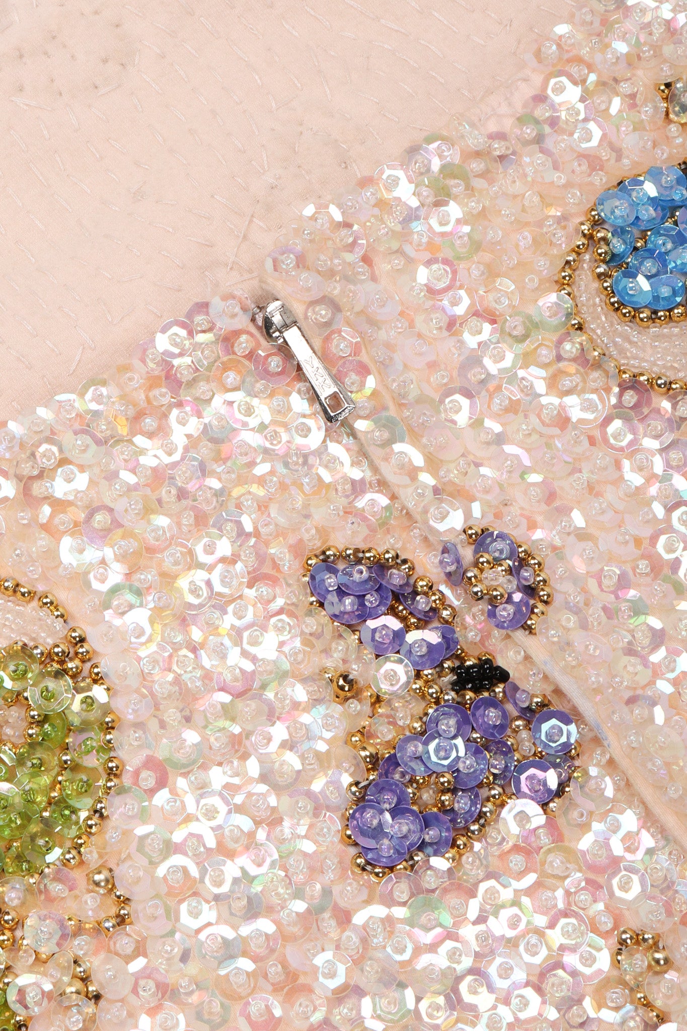 Recess Los Angeles Vintage Butterfly Sequins Halter Long Pink Beige Dress Iridescent Beads Multicolor 